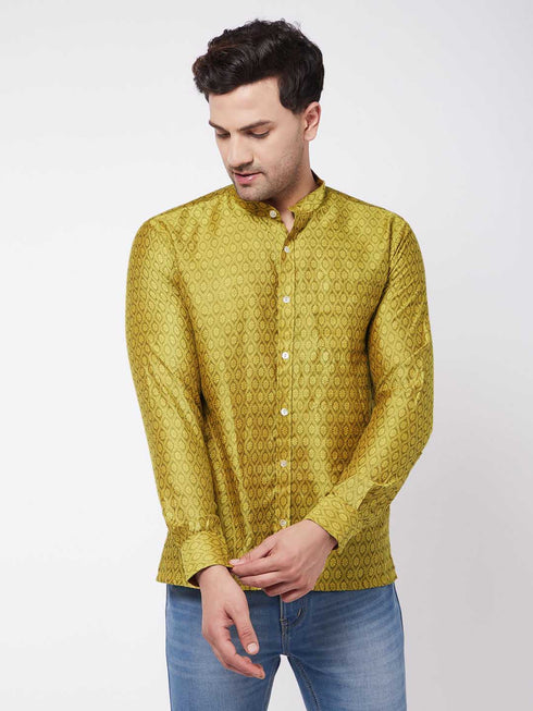 Men's Yellow Silk Blend Ethnic Shirt